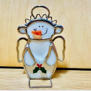 Vintage Stained Glass Snowman Angel Standing or Hanging Christmas Tree Ornament